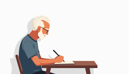 Elderly man taking notes at a desk, focused learning