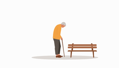 Elderly person walking with cane beside bench, gentle reflection
