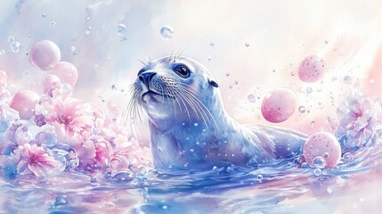 Fototapeta premium A playful seal swims surrounded by pink flowers, bubbles, and pastel floating spheres in a dreamy, whimsical watercolor scene.