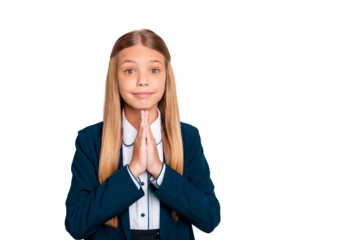Close up photo beautiful amazing yelling she her little lady hands arms palms together want stay home not go class wear formalwear shirt blazer school form isolated bright teal turquoise background