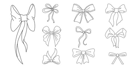 Set of hand-drawn decorative bows in black line art style. Collection includes various ribbon bows with different shapes, sizes, and tie styles, suitable for design projects, greeting cards, packaging