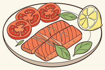 106 tomato slices, fresh basil leaves, lemon wedge, grilled salmon fillets, ceramic plate, close-up food photography