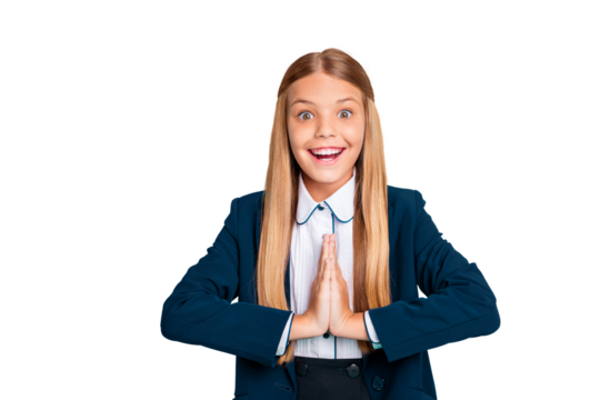 Close up photo beautiful amazing yelling she her little lady hands arms palms together want need new wear formalwear shirt blazer jacket school form isolated bright teal turquoise background
