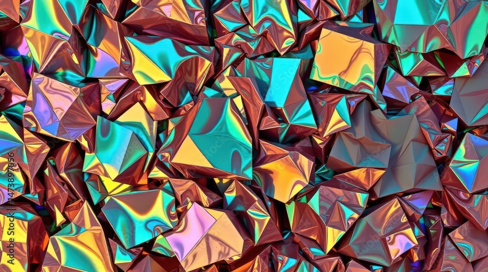 Poster colorful reflective texture creates an abstract visual experience with energetic hues and geometric 