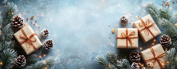 A red ribbon and pine cones sit atop a brown box, which is set against a white background