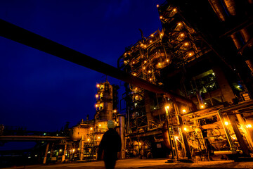 Oil factory. Pipes and buildings of big factory
