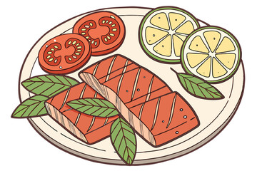 106 tomato slices, fresh basil leaves, lemon wedge, grilled salmon fillets, ceramic plate, close-up food photography