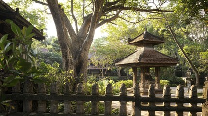 Ornamental fence surrounding sacred Bodhi tree in hidden temple garden