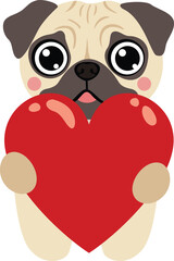 Cute Pug Dog Holding a Red Heart