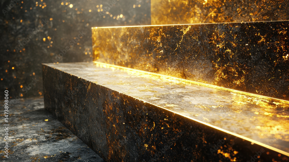 Poster artistic 4k 3d background showcases realistic side angle view of textured steps with golden light, c