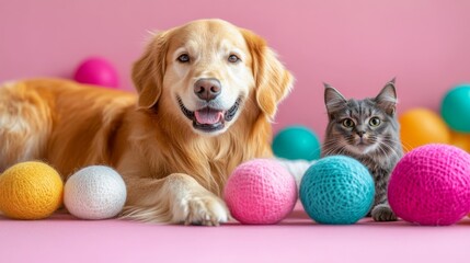 A dog and cat are positioned side by side, each holding a balloon in its mouth