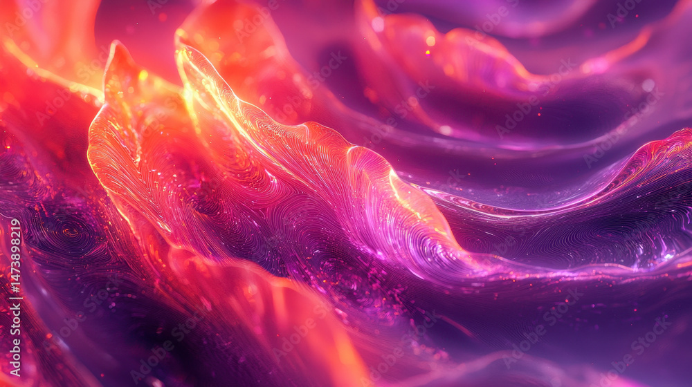 Poster an artistic 3d background showcases realistic flowing shapes with vibrant purple and red colors in s