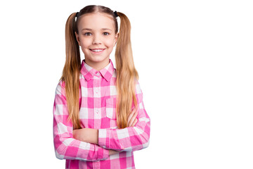 Close up photo beautiful she her little lady pretty hairdress arms crossed like study school best...