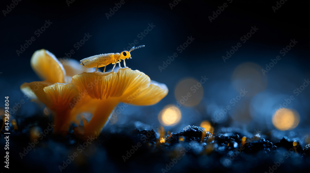Poster a firefly crawling over a vivacious mushroom in a dark field with helen wills light high resolution 