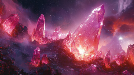 Fototapeta premium Artistic 3D rendered 4K background showing realistic purple crystal formations on a planet surface with nebula clouds, expressing abstract side A concepts.