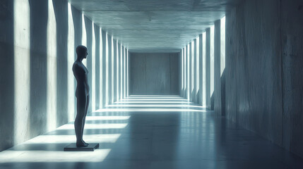 Fototapeta premium Realistic 4K 3D artistic background explo a side perspective of a lone figure standing in a long, bright, and modern concrete architectural corridor.