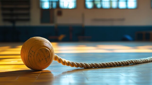 Tetherball resting on a gymnasium floor illuminated by soft sunlight atmosphere