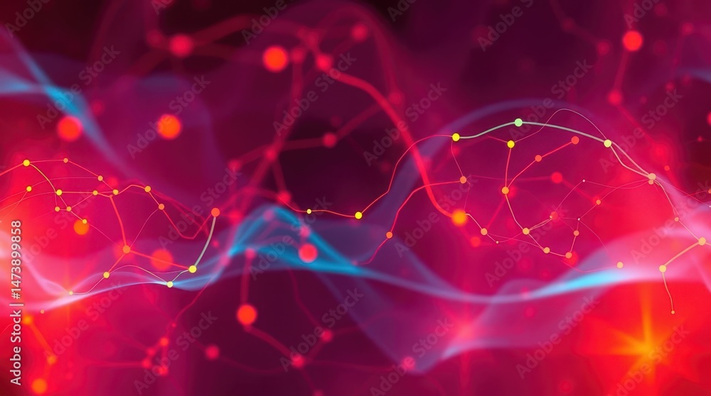 Poster vibrant abstract visualization of interconnected nodes set against a dynamic red and blue background