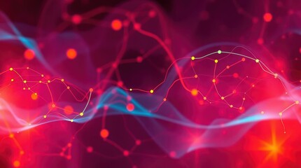 Vibrant abstract visualization of interconnected nodes set against a dynamic red and blue background