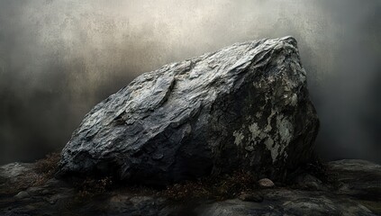 Large dark gray rock sits on a bed of smaller stones in a dimly lit space.  Textured rock against a muted background