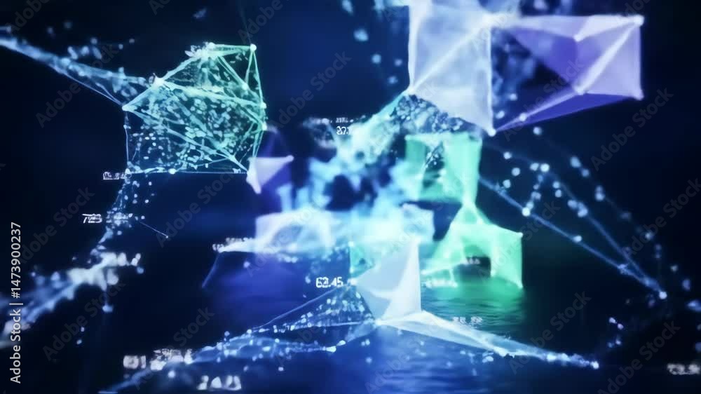 Poster abstract geometric shapes floating data network slow motion