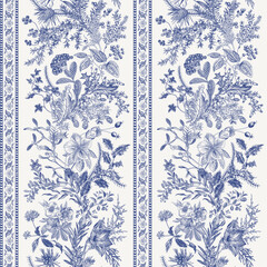 Seamless christmas pattern. Winter flora. Climbing floral vertical stripes. Blue and white. 