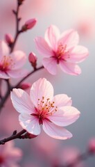 Subtle light pink blossoms, ethereal pastel setting, light pink flowers, soft colors, elegant