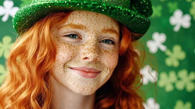 Irish beauty: A vibrant redhead with sparkling eyes and charming freckles, wearing a festive green hat in celebration of a beloved holiday.