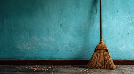 Broom leaning against a teal wall