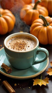 Teal cup filled with steaming pumpkin spice latte, topped with cinnamon, resting on a matching saucer alongside cinnamon sticks and autumn leaves, surrounded by vibrant pumpkins