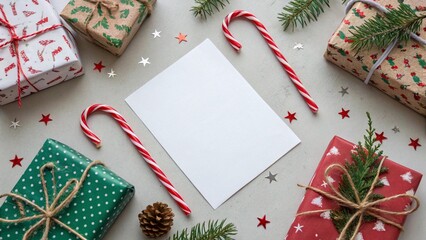 Obraz premium Christmas flat lay ornaments pine cones gift boxes neutral background copy space