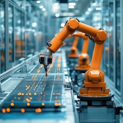 Automated assembly line with robotic arms working on circuit boards