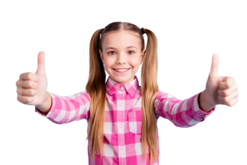 Close up photo beautiful amazing she her little lady thumb finger up tips promo advising test school best student vacation mood wear casual checkered plaid pink shirt isolated bright blue background