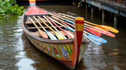 Obraz premium Thai-style boat with colorful paddles floating near market pier