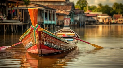 Obraz premium Thai-style boat with colorful paddles floating near market pier