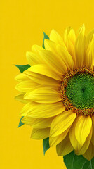Fototapeta premium A vibrant sunflower blossom showcases its intricate seedhead and bright yellow petals against a sunny yellow background, offe a stunning display of nature's beauty.