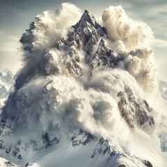 Majestic mountain peak shrouded in a powerful blizzard.  A dramatic display of nature's raw force, showcasing the wild beauty of a snowy, high-altitude landscape