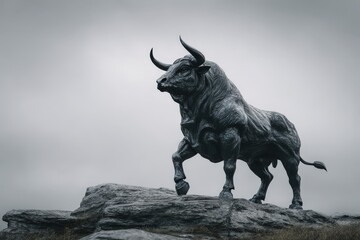 Obraz premium Dark sculpture of a bull on a rocky outcrop.