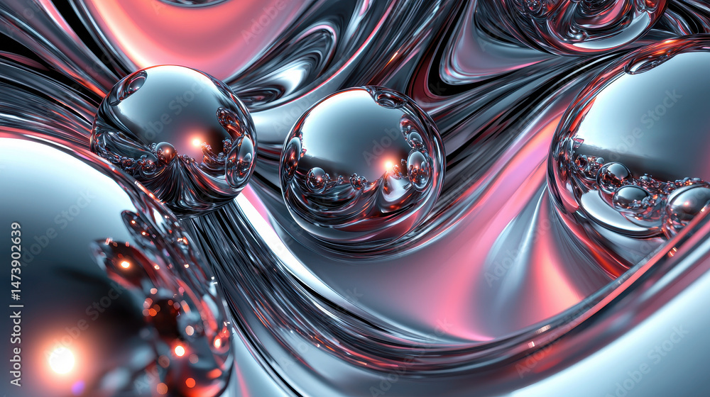 Poster a realistic 4k abstract background with flowing silver metallic waves and spheres creating a mesmeri