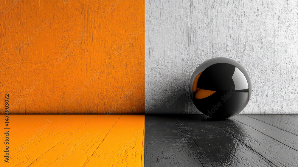 Poster a realistic 4k abstract minimalism background with a 3d render showcasing a black sphere against an 