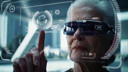 Elderly woman using advanced AR glasses with circular holographic interface. Facial mapping technology and digital overlay showing age-inclusive technological adaptation. - Powered by Adobe