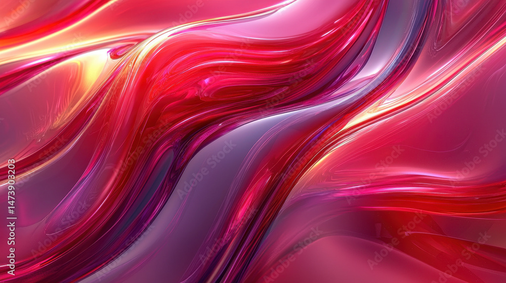 Poster side view of realistic 4k 3d abstract background with harmonious red and pink flowing waves creating