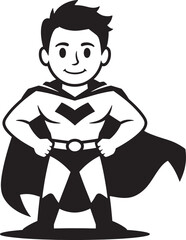 Smiling superhero cartoon character posing ready to save the day in black and white