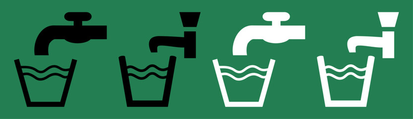 Set of faucet and drinking water icons in black and white on green background. Flat vector style, suitable for clean water, plumbing, utility, drinking water safety, and infographic use.