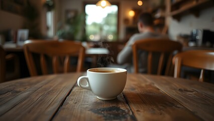 Fototapeta premium Steaming cup of coffee on a wooden table in a cozy cafe setting