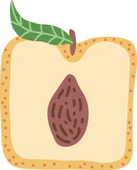 Artistic hand drawn illustration of square peach with leaf. Vector drawing of half of sweet fruit with seed and pulp isolated on white background. Drawing of summer vegan dessert for your printing.