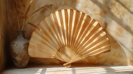 Palm leaf wall fan in woven straw texture, exotic decorative prop