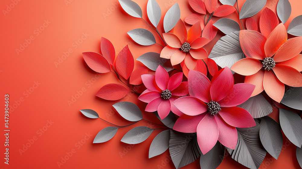Aufkleber 3d abstract background showcases realistic flower compositions with red and grey petals, creating a 