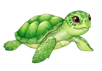 Fototapeta premium Cute Watercolor Illustration of a Smiling Green Sea Turtle isolated on white background.