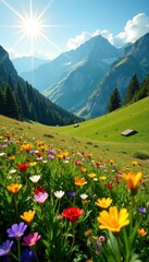 Fototapeta premium Sun-drenched alpine pasture, colorful wildflowers carpet, bloom, austrian alps